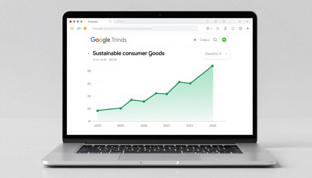 A high-quality 3D render of a laptop screen displaying a rising line graph on the Google Trends website, showing a search surge for sustainable consumer goods, clean and professional aesthetic. A high-quality 3D render of a laptop screen displaying a rising line graph on the Google Trends website, showing a search surge for sustainable consumer goods, clean and professional aesthetic.