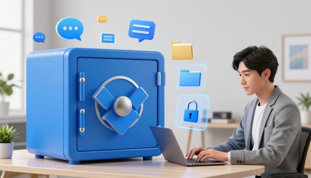 A high-quality 3D render of a secure blue digital vault representing Dropbox, surrounded by holographic collaboration icons like chat bubbles, file folders, and padlocks, floating in a clean, modern home office background. A high-quality 3D render of a secure blue digital vault representing Dropbox, surrounded by holographic collaboration icons like chat bubbles, file folders, and padlocks, floating in a clean, modern home office background.
