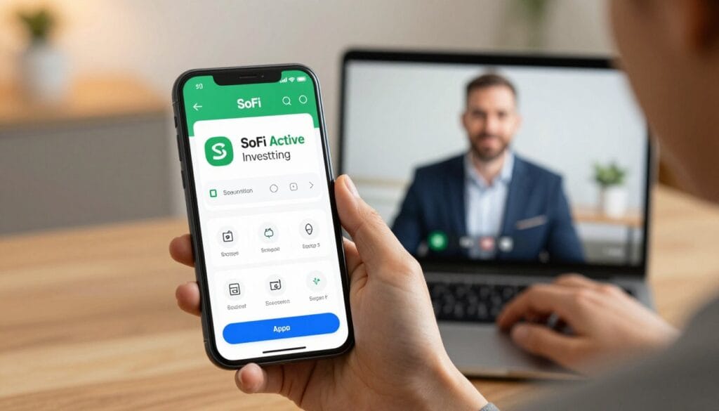 A high-quality 4k realistic photo of a smartphone displaying the SoFi Active Investing app with a clean interface. In the background, a professional financial advisor is visible on a laptop screen during a video consultation, reflecting a supportive and educational atmosphere for a beginner investor. The lighting is warm and professional, emphasizing trust and modern financial technology.