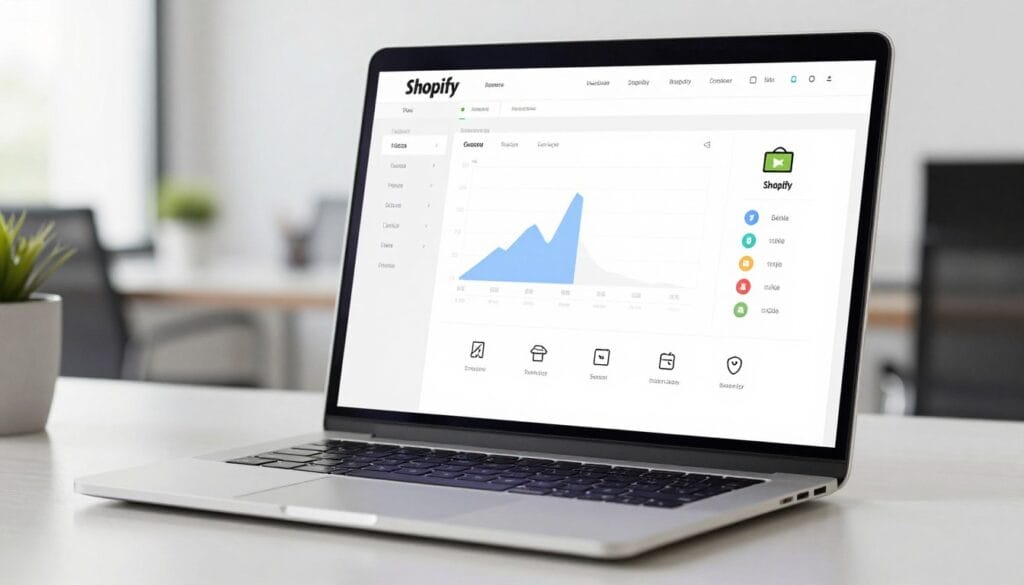 A high-quality, 4k resolution image of a professional Shopify e-commerce dashboard on a sleek laptop screen, featuring clean analytics charts, product management icons, and a minimalist design, bright office background. A high-quality, 4k resolution image of a professional Shopify e-commerce dashboard on a sleek laptop screen, featuring clean analytics charts, product management icons, and a minimalist design, bright office background.