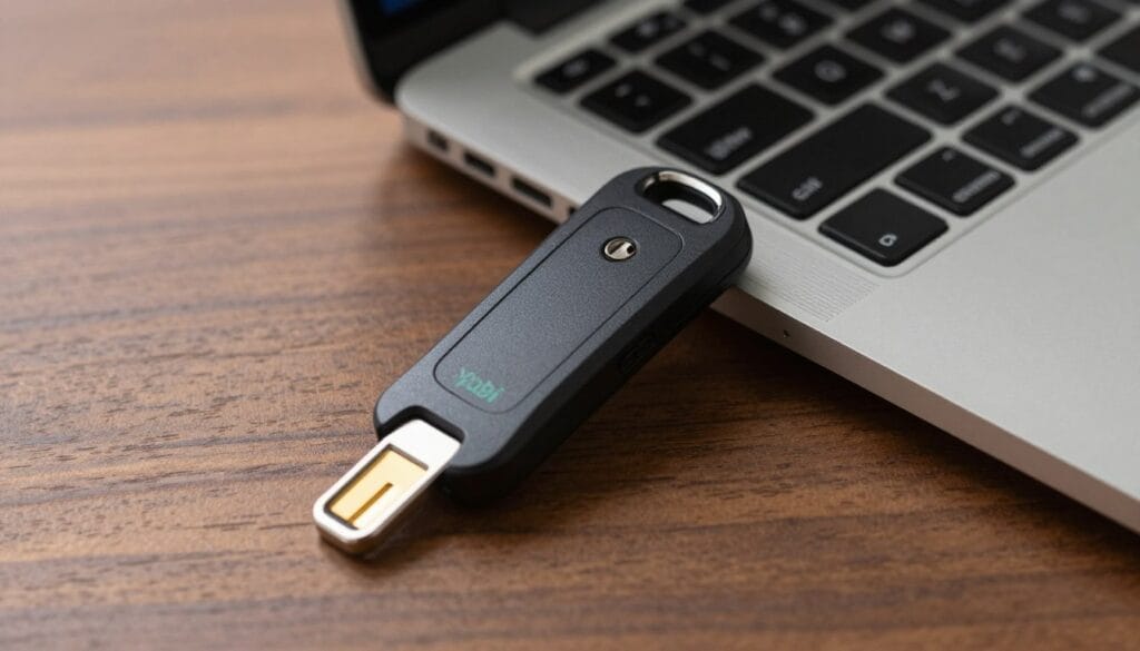 A high-quality close-up of a YubiKey hardware authentication key resting on a wooden desk next to a modern laptop, highlighting its durable build and gold contact point, professional lighting.