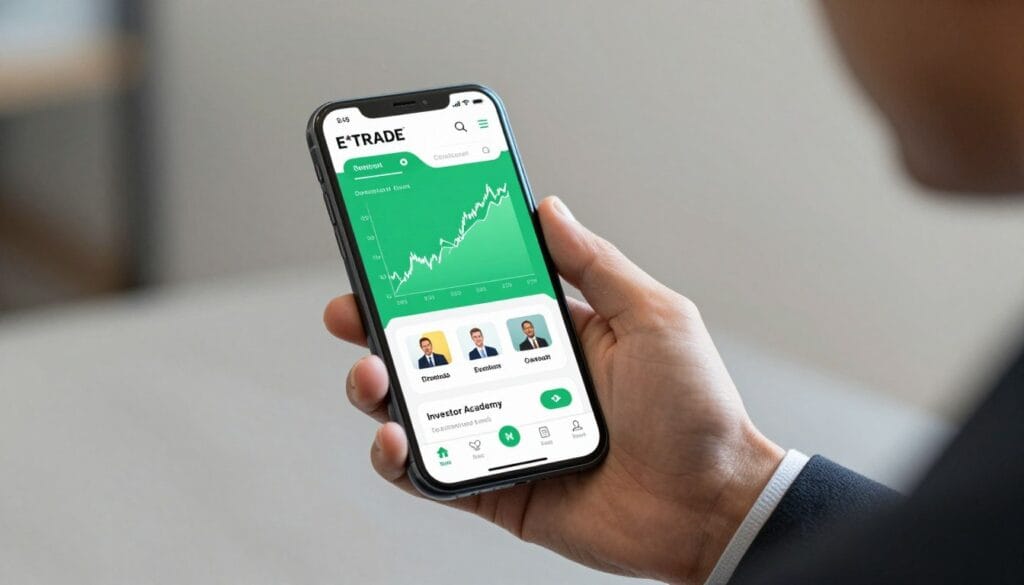 A high-quality digital illustration of the E*TRADE mobile app interface on a smartphone, displaying a vibrant green stock market chart, educational video icons, and an 'Investor Academy' dashboard with professional lighting, 4k resolution.