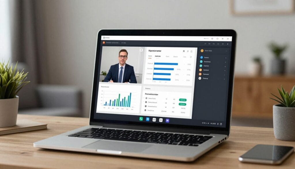A high-quality image of a professional digital webinar interface on a laptop screen, showing a live presenter, interactive charts, and an active chat window, in a modern home office setting. A high-quality image of a professional digital webinar interface on a laptop screen, showing a live presenter, interactive charts, and an active chat window, in a modern home office setting.
