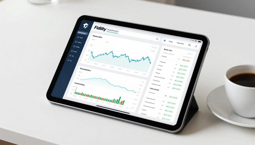 A high-quality image of a sleek, modern tablet displaying the Fidelity Investments mobile app interface with clear stock charts and a user-friendly dashboard, set on a clean white desk with a cup of coffee and soft natural morning light.