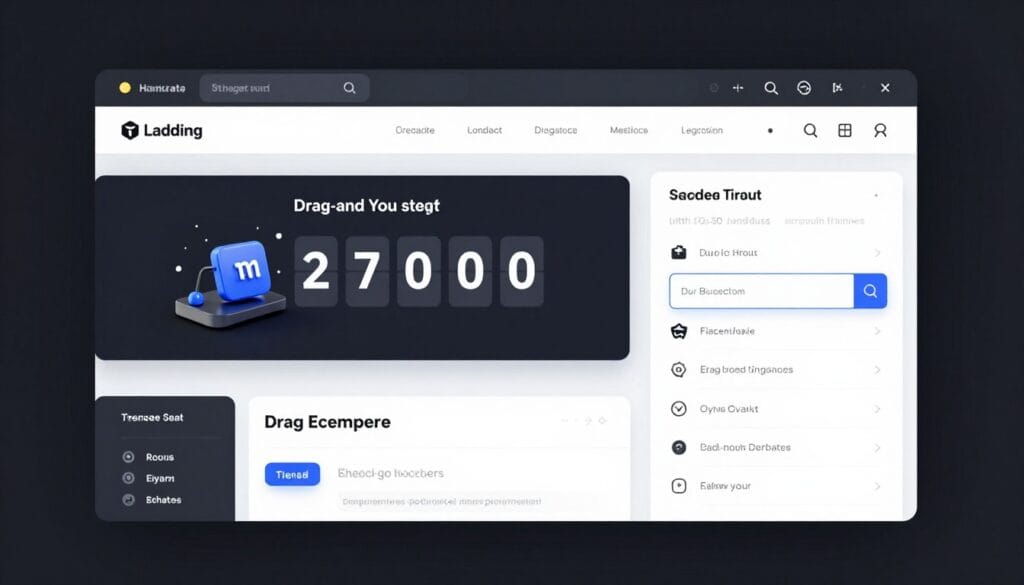 A high-quality, professional digital interface showing a modern landing page builder with a drag-and-drop workspace, featuring 3D conversion elements like countdown timers and lead forms, sleek UI design, 4k resolution. A high-quality, professional digital interface showing a modern landing page builder with a drag-and-drop workspace, featuring 3D conversion elements like countdown timers and lead forms, sleek UI design, 4k resolution.