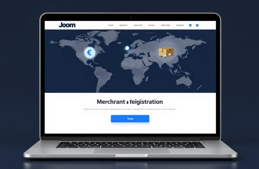 A high-quality, professional digital interface showing the Joom merchant registration sign up page on a sleek laptop, with a global map in the background and icons representing international commerce.