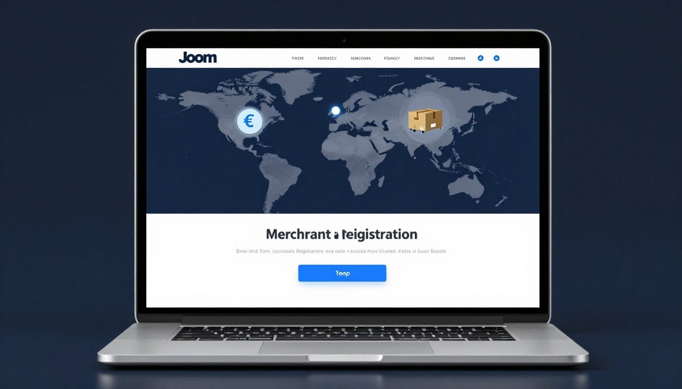 A high-quality, professional digital interface showing the Joom merchant registration sign up page on a sleek laptop, with a global map in the background and icons representing international commerce.