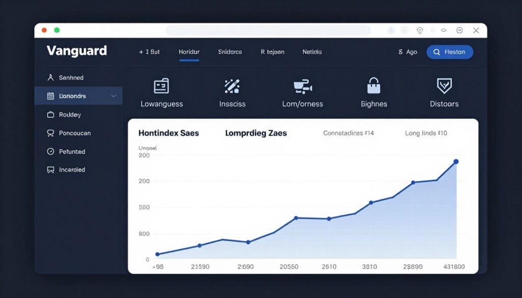A high-quality, professional image of a digital dashboard for a Vanguard brokerage account, highlighting a diversified portfolio with icons representing low-cost index funds and long-term growth charts on a clean, modern interface.