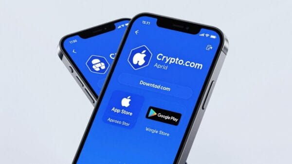 A high-resolution 3D render of a modern smartphone showing the Crypto.com app download screen on the Apple App Store and Google Play Store, vibrant blue interface, professional lighting, clean background.