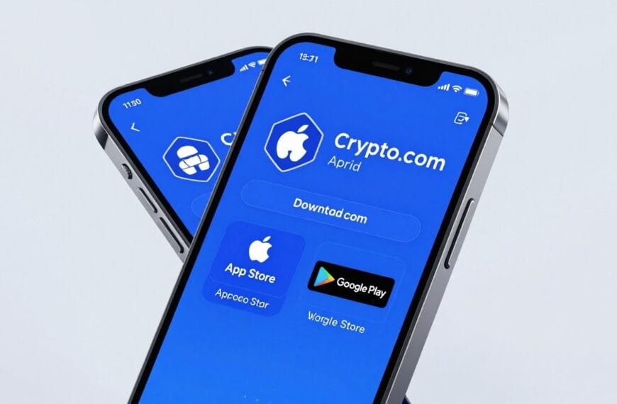 A high-resolution 3D render of a modern smartphone showing the Crypto.com app download screen on the Apple App Store and Google Play Store, vibrant blue interface, professional lighting, clean background.