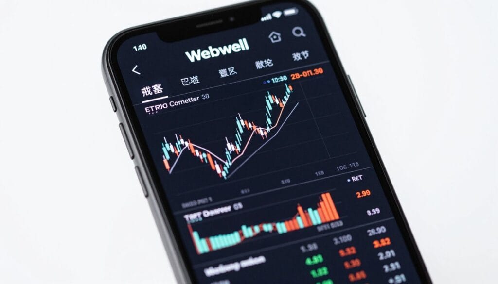A high-resolution smartphone screen showing the Webull app with detailed candlestick charts, a dark mode interface, and customizable technical indicators for stocks.