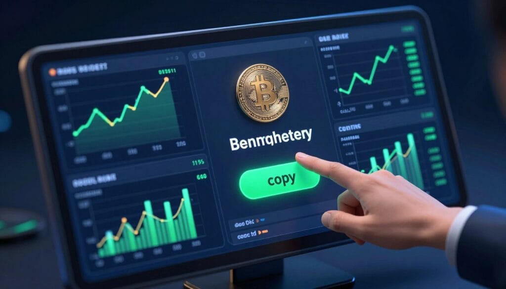 A high-tech digital dashboard displaying multiple successful cryptocurrency trading charts with a professional 'copy' button being clicked by a user, 3D isometric style, neon blue and green accents, cinematic lighting, 4k resolution.
