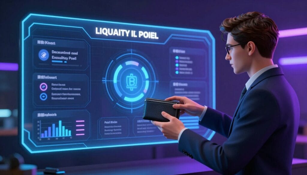A high-tech digital interface showing a professional investor connecting a crypto wallet to a decentralized exchange liquidity pool dashboard, 3d render, neon blue and purple accents, cinematic lighting.