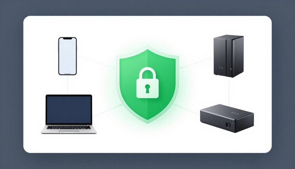 A high-tech digital interface showing a secure cloud backup system connecting multiple devices like a laptop, smartphone, and a NAS drive with a green shield icon to represent safety and encryption. A high-tech digital interface showing a secure cloud backup system connecting multiple devices like a laptop, smartphone, and a NAS drive with a green shield icon to represent safety and encryption.