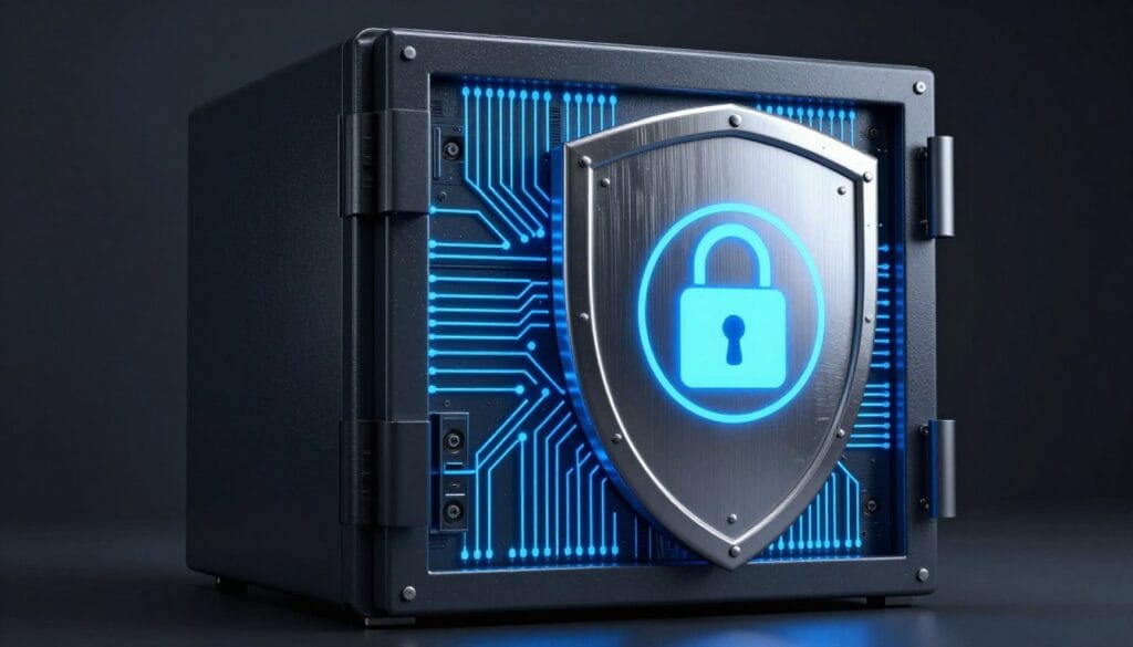 A high-tech digital vault with glowing blue circuit lines, featuring a massive metallic shield and a 256-bit lock icon, set against a dark, professional cybersecurity background. A high-tech digital vault with glowing blue circuit lines, featuring a massive metallic shield and a 256-bit lock icon, set against a dark, professional cybersecurity background.