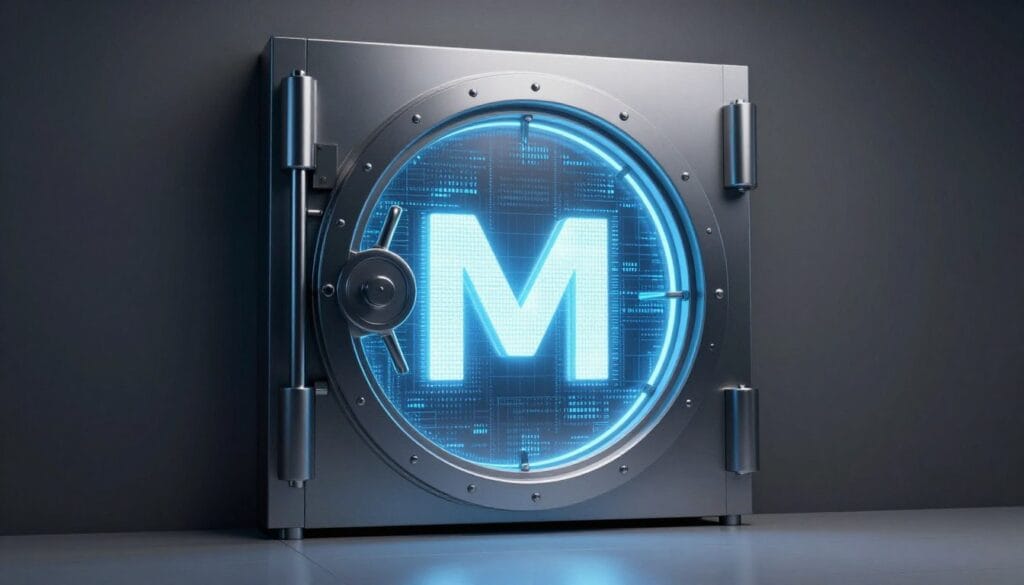 A high-tech, minimalist 3D render of a glowing digital vault door with a large 'M' logo, representing secure data storage in a cloud environment, professional lighting, 4k. A high-tech, minimalist 3D render of a glowing digital vault door with a large 'M' logo, representing secure data storage in a cloud environment, professional lighting, 4k.