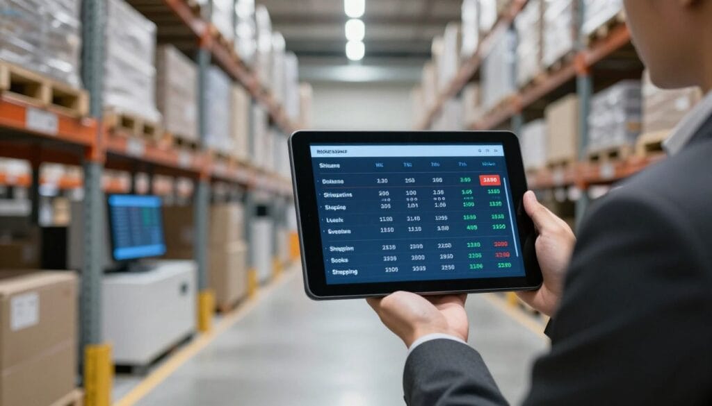 A high-tech warehouse scene with a digital overlay showing real-time stock levels and shipping status on a tablet screen.