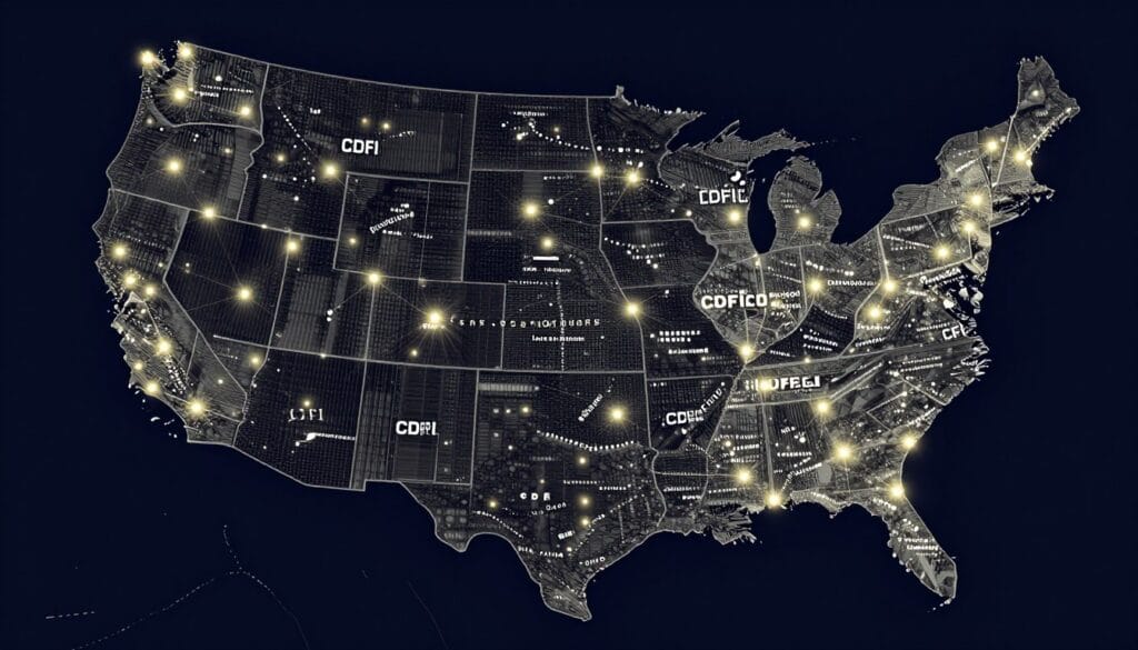 A map of the United States with glowing nodes representing CDFI certified lenders in various local communities, digital art style, high resolution. A map of the United States with glowing nodes representing CDFI certified lenders in various local communities, digital art style, high resolution.