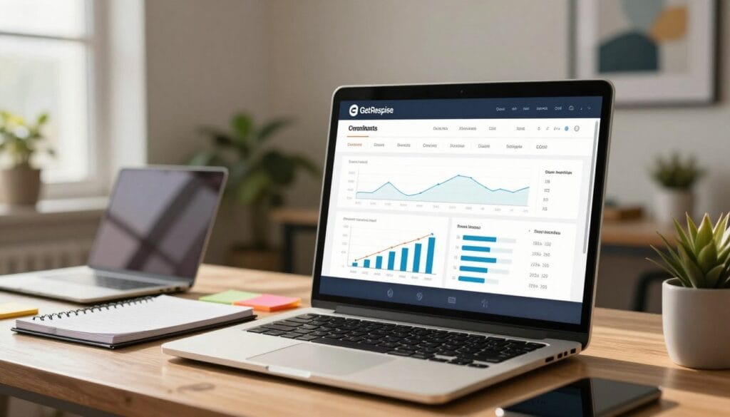 A modern GetResponse reporting and analytics dashboard for email marketing, displayed on a sleek computer screen. In the foreground, clear graphs and charts showcase email performance metrics, including open rates, click rates, and conversion statistics. The middle ground features a professional workspace with a laptop, digital notepad, and colorful sticky notes, suggesting active brainstorming. The background subtly enhances the scene with soft-focus office decor, like plants and modern artwork. Warm, natural lighting pours in through a nearby window, casting gentle shadows and creating an inviting atmosphere. The overall mood is professional yet approachable, emphasizing innovation and data-driven decision-making in email marketing. A modern GetResponse reporting and analytics dashboard for email marketing, displayed on a sleek computer screen. In the foreground, clear graphs and charts showcase email performance metrics, including open rates, click rates, and conversion statistics. The middle ground features a professional workspace with a laptop, digital notepad, and colorful sticky notes, suggesting active brainstorming. The background subtly enhances the scene with soft-focus office decor, like plants and modern artwork. Warm, natural lighting pours in through a nearby window, casting gentle shadows and creating an inviting atmosphere. The overall mood is professional yet approachable, emphasizing innovation and data-driven decision-making in email marketing.