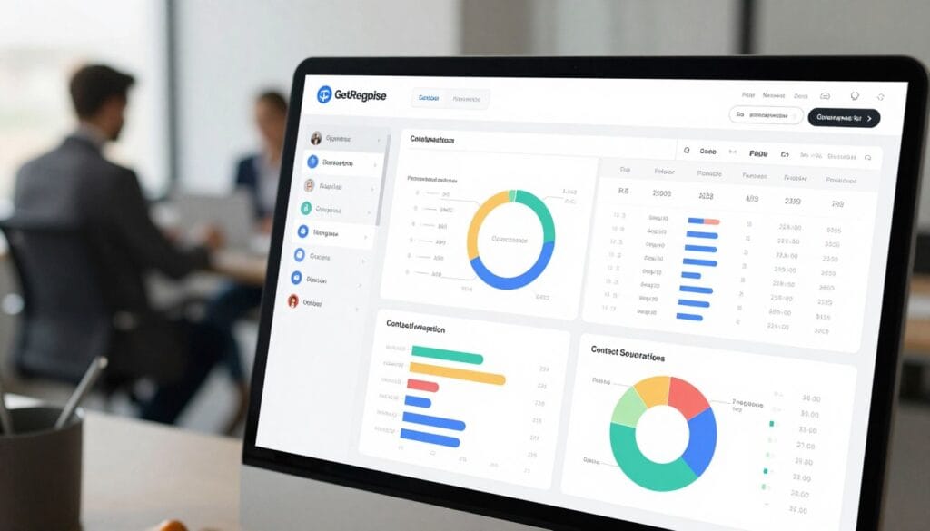 A modern and sleek dashboard displaying the GetResponse contact management and segmentation tools. In the foreground, various colorful charts and graphs depict user engagement and segmented lists, organized neatly on a high-resolution screen. The middle ground features an interactive user interface with dropdown menus and data tables, showing detailed segmentation options. In the background, a softly-lit office environment with blurred silhouettes of professionals in business attire, working intently. The lighting is bright yet diffused, creating a productive atmosphere. The angle is slightly above eye level, providing a comprehensive view of the dashboard while maintaining a focus on its innovative design and usability. A modern and sleek dashboard displaying the GetResponse contact management and segmentation tools. In the foreground, various colorful charts and graphs depict user engagement and segmented lists, organized neatly on a high-resolution screen. The middle ground features an interactive user interface with dropdown menus and data tables, showing detailed segmentation options. In the background, a softly-lit office environment with blurred silhouettes of professionals in business attire, working intently. The lighting is bright yet diffused, creating a productive atmosphere. The angle is slightly above eye level, providing a comprehensive view of the dashboard while maintaining a focus on its innovative design and usability.