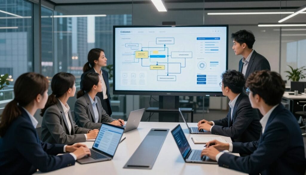 A modern business environment illustrating best practices for AI automation deployment. In the foreground, diverse professionals in smart business attire are collaborating around a sleek conference table, analyzing data on laptops and digital tablets. The middle ground features a large screen displaying workflow diagrams and AI tools, illuminated by soft, focused lighting creating a productive atmosphere. In the background, glass windows reveal a bustling cityscape, signifying innovation and growth. The image is captured from a slightly elevated angle to provide a comprehensive view of the team dynamics and technology integration. The overall mood is collaborative and aspirational, highlighting efficiency and intelligent automation strategies in a contemporary office setting.