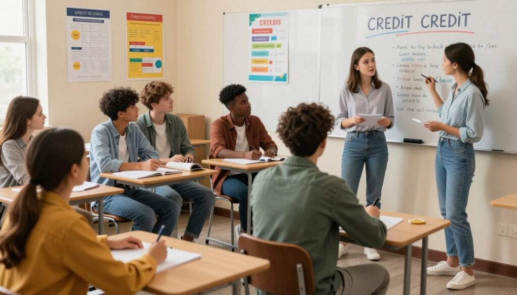 A modern classroom setting where a diverse group of teenagers, dressed in smart casual attire, engages in an interactive lesson about credit and spending. In the foreground, a young female teacher enthusiastically explains a chart showing the impact of good credit and responsible spending habits. The middle features students actively participating, some taking notes and others discussing in pairs, all looking engaged and curious. The background showcases educational posters about budgeting and credit scores on the walls, along with a whiteboard displaying key financial concepts in clear, bold lettering. Warm, natural lighting floods the room, creating a friendly and encouraging atmosphere, with a clear focus on collaboration and learning. The composition is shot from a slightly elevated angle, providing a dynamic view of the engaging educational environment. A modern classroom setting where a diverse group of teenagers, dressed in smart casual attire, engages in an interactive lesson about credit and spending. In the foreground, a young female teacher enthusiastically explains a chart showing the impact of good credit and responsible spending habits. The middle features students actively participating, some taking notes and others discussing in pairs, all looking engaged and curious. The background showcases educational posters about budgeting and credit scores on the walls, along with a whiteboard displaying key financial concepts in clear, bold lettering. Warm, natural lighting floods the room, creating a friendly and encouraging atmosphere, with a clear focus on collaboration and learning. The composition is shot from a slightly elevated angle, providing a dynamic view of the engaging educational environment.