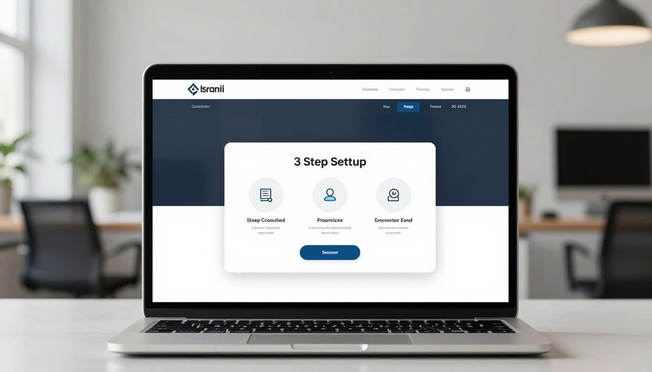 A modern, clean laptop screen displaying a professional website builder interface with a 3-step setup wizard, minimalist Israeli tech office background, soft natural lighting, high-resolution photography.
