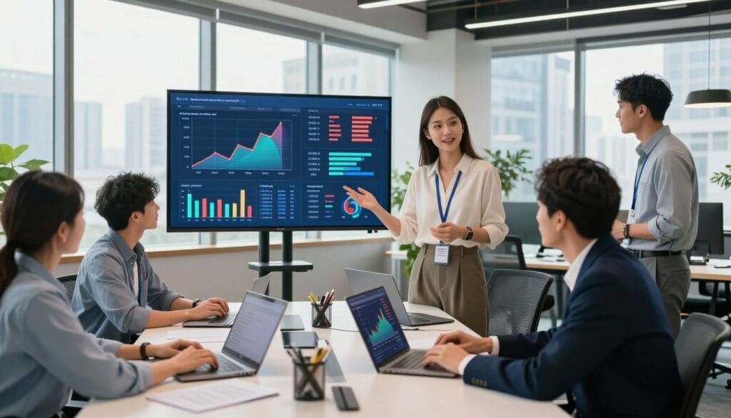 A modern digital marketing agency workspace, featuring a diverse team of professionals collaborating on a project. In the foreground, a woman in a smart casual outfit discusses a digital marketing strategy with a man in professional attire at a sleek conference table, surrounded by laptops and digital devices. In the middle, vibrant graphs and analytics are displayed on large screens, showcasing digital trends. The background includes large windows with natural light streaming in, revealing a city skyline. The atmosphere is energetic and innovative, reflecting a cutting-edge digital environment. The lighting is bright and inviting, emphasizing a positive, collaborative mood. A modern digital marketing agency workspace, featuring a diverse team of professionals collaborating on a project. In the foreground, a woman in a smart casual outfit discusses a digital marketing strategy with a man in professional attire at a sleek conference table, surrounded by laptops and digital devices. In the middle, vibrant graphs and analytics are displayed on large screens, showcasing digital trends. The background includes large windows with natural light streaming in, revealing a city skyline. The atmosphere is energetic and innovative, reflecting a cutting-edge digital environment. The lighting is bright and inviting, emphasizing a positive, collaborative mood.