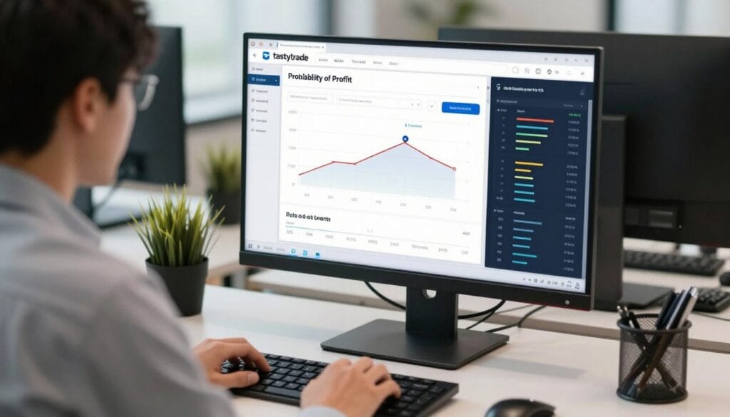 A modern digital workspace with a computer monitor displaying the tastytrade platform featuring probability of profit charts and an options chain.