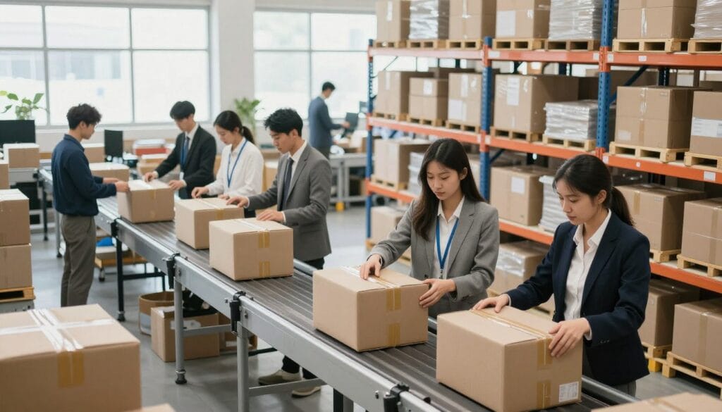 A modern fulfillment center bustling with activity, foreground featuring focused professionals in smart business attire efficiently organizing packages for shipment. In the middle, automated conveyor belts transporting boxes, with a clear view of high shelves stocked with inventory to enhance the sense of order. The background showcases large windows letting in bright natural light, creating an energetic atmosphere. The lighting is crisp and evenly distributed, emphasizing the cleanliness and efficiency of the space. The angle is slightly elevated to capture an overview of the operations, conveying a sense of organization and productivity. The overall mood is dynamic and efficient, reflecting streamlined processes aimed at maximizing fulfillment operations. A modern fulfillment center bustling with activity, foreground featuring focused professionals in smart business attire efficiently organizing packages for shipment. In the middle, automated conveyor belts transporting boxes, with a clear view of high shelves stocked with inventory to enhance the sense of order. The background showcases large windows letting in bright natural light, creating an energetic atmosphere. The lighting is crisp and evenly distributed, emphasizing the cleanliness and efficiency of the space. The angle is slightly elevated to capture an overview of the operations, conveying a sense of organization and productivity. The overall mood is dynamic and efficient, reflecting streamlined processes aimed at maximizing fulfillment operations.