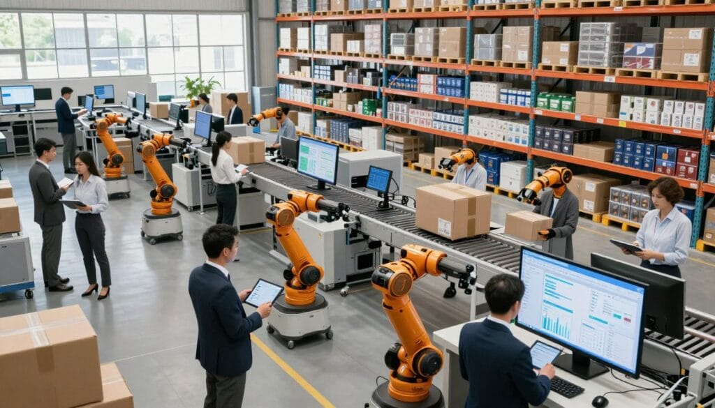 A modern fulfillment center filled with advanced technology and automation systems, showcasing autonomous robots efficiently moving packages. In the foreground, a diverse group of professionals in business attire analyze data on tablets and large screens displaying real-time analytics. The middle ground features high-tech conveyor belts integrating with machine learning systems, while shelves stocked with products organized for optimal retrieval create a sense of order and efficiency. In the background, large windows let in natural light, giving the space a bright and dynamic atmosphere. The scene is captured with a slightly elevated angle, emphasizing the scale and sophistication of the center, conveying a sense of innovation and progress in e-commerce logistics. A modern fulfillment center filled with advanced technology and automation systems, showcasing autonomous robots efficiently moving packages. In the foreground, a diverse group of professionals in business attire analyze data on tablets and large screens displaying real-time analytics. The middle ground features high-tech conveyor belts integrating with machine learning systems, while shelves stocked with products organized for optimal retrieval create a sense of order and efficiency. In the background, large windows let in natural light, giving the space a bright and dynamic atmosphere. The scene is captured with a slightly elevated angle, emphasizing the scale and sophistication of the center, conveying a sense of innovation and progress in e-commerce logistics.