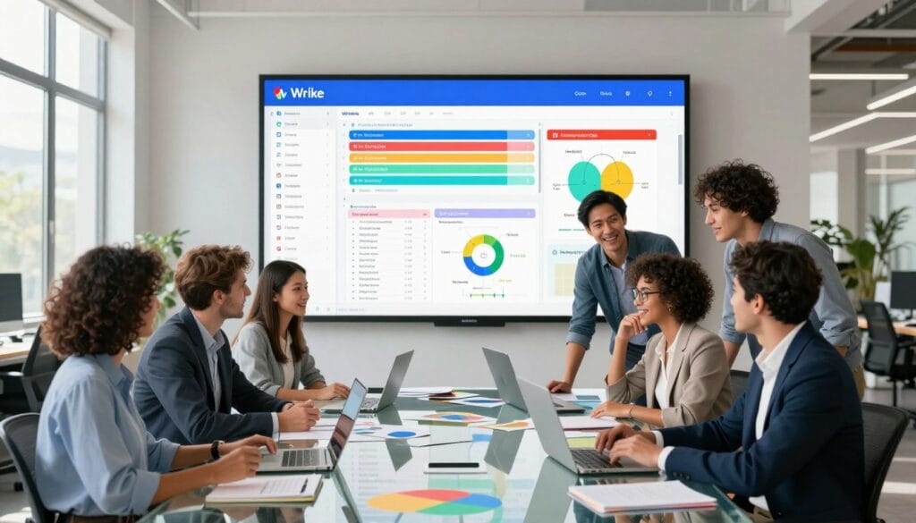 A modern, high-tech workspace illustrating Wrike's creative production features. In the foreground, a diverse group of professionals in business attire collaborates around a sleek, glass table filled with design materials and digital devices. Their engaged expressions and dynamic poses convey teamwork and creativity. The middle section features a large digital dashboard displaying vibrant project timelines, task lists, and visualized workflows, incorporating Wrike’s branding colors. The background is an open, airy office with large windows allowing natural light to flood the space, enhancing a bright, optimistic atmosphere. Soft shadows and a focus on the vibrancy of the colors create a lively yet professional mood, showcasing innovation in project management. A modern, high-tech workspace illustrating Wrike's creative production features. In the foreground, a diverse group of professionals in business attire collaborates around a sleek, glass table filled with design materials and digital devices. Their engaged expressions and dynamic poses convey teamwork and creativity. The middle section features a large digital dashboard displaying vibrant project timelines, task lists, and visualized workflows, incorporating Wrike’s branding colors. The background is an open, airy office with large windows allowing natural light to flood the space, enhancing a bright, optimistic atmosphere. Soft shadows and a focus on the vibrancy of the colors create a lively yet professional mood, showcasing innovation in project management.