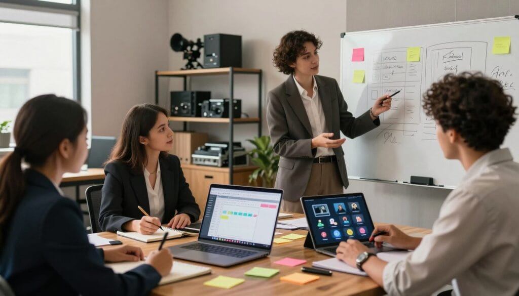 A modern office environment featuring a diverse group of professionals engaged in planning a video content calendar. In the foreground, a wooden table is cluttered with colorful sticky notes, a laptop showing a scheduling software interface, and a digital tablet displaying video production icons. In the middle, two women and a man in smart business attire collaborate, discussing their ideas enthusiastically. One woman takes notes, while the other sketches out a storyboard on a whiteboard. In the background, shelves filled with video production equipment, and ambient lighting create a warm, productive atmosphere. Soft natural light filters in through large windows, giving the scene an inviting and focused mood. The image captures teamwork and creativity in a professional setting.