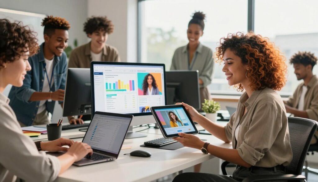A modern office environment with a diverse group of professionals collaborating over a laptop and digital tablet. In the foreground, a confident female influencer with vibrant hair, dressed in smart casual attire, showcases a lifestyle product to her enthusiastic colleagues. In the middle, digital charts and social media feeds highlight successful engagement metrics, surrounded by vibrant visuals of high-quality images from influencer campaigns. The background features a large window with natural light streaming in, casting a warm glow on the scenes of teamwork and creativity. The mood is energetic and innovative, reflecting a positive atmosphere where influencer marketing shapes business strategies. The angle captures both the influencer’s engaging presence and the collaborative spirit of the workspace. A modern office environment with a diverse group of professionals collaborating over a laptop and digital tablet. In the foreground, a confident female influencer with vibrant hair, dressed in smart casual attire, showcases a lifestyle product to her enthusiastic colleagues. In the middle, digital charts and social media feeds highlight successful engagement metrics, surrounded by vibrant visuals of high-quality images from influencer campaigns. The background features a large window with natural light streaming in, casting a warm glow on the scenes of teamwork and creativity. The mood is energetic and innovative, reflecting a positive atmosphere where influencer marketing shapes business strategies. The angle captures both the influencer’s engaging presence and the collaborative spirit of the workspace.