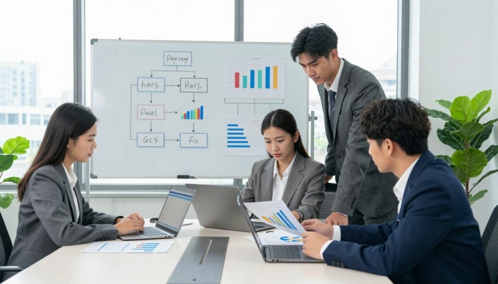 A modern office setting filled with small business elements. In the foreground, a diverse group of four professionals in business attire collaborates around a sleek conference table, reviewing colorful charts and digital devices that display payroll data. The middle ground features a large whiteboard filled with organized workflows and graphs illustrating payroll processes, indicating simplicity and efficiency. In the background, bright natural light streams through large windows, highlighting a peaceful urban view, while potted plants add a touch of greenery. The atmosphere is focused and productive, conveying a sense of teamwork and ease in handling payroll management. The image should be bright, with a soft focus on the professionals to emphasize their engagement in problem-solving together, capturing the essence of modern payroll solutions. A modern office setting filled with small business elements. In the foreground, a diverse group of four professionals in business attire collaborates around a sleek conference table, reviewing colorful charts and digital devices that display payroll data. The middle ground features a large whiteboard filled with organized workflows and graphs illustrating payroll processes, indicating simplicity and efficiency. In the background, bright natural light streams through large windows, highlighting a peaceful urban view, while potted plants add a touch of greenery. The atmosphere is focused and productive, conveying a sense of teamwork and ease in handling payroll management. The image should be bright, with a soft focus on the professionals to emphasize their engagement in problem-solving together, capturing the essence of modern payroll solutions.