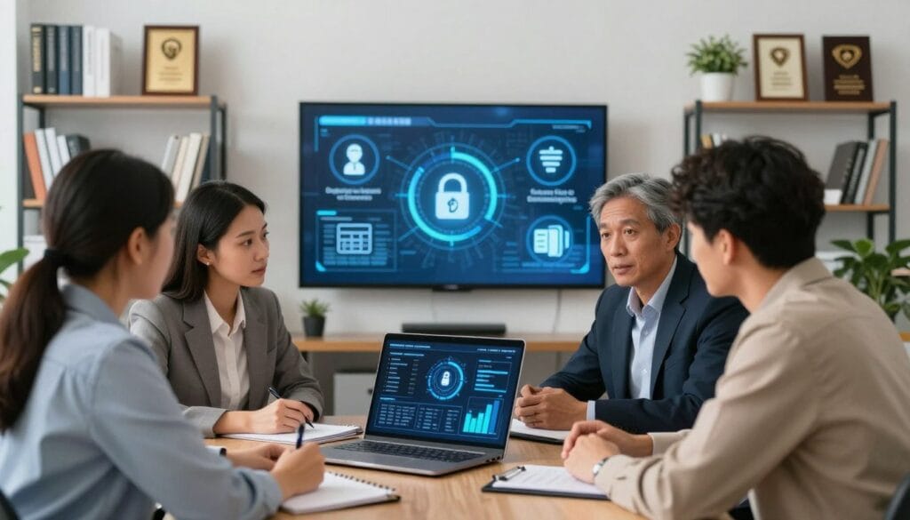 A modern office setting focused on data security for small businesses. In the foreground, a diverse group of three professionals—two wearing smart business attire and one in modest casual clothing—are engaged in a discussion around a laptop displaying security graphs and data protection strategies. The middle ground features a digital screen mounted on the wall, showcasing essential cybersecurity tips and icons representing data protection measures like passwords, firewalls, and backups. The background depicts shelves filled with books and awards related to business security, along with plants adding a touch of warmth. The lighting is bright and professional, suggesting a sense of urgency and focus on preventing data breaches. The overall mood is informative and proactive, emphasizing the importance of vigilance in data security. A modern office setting focused on data security for small businesses. In the foreground, a diverse group of three professionals—two wearing smart business attire and one in modest casual clothing—are engaged in a discussion around a laptop displaying security graphs and data protection strategies. The middle ground features a digital screen mounted on the wall, showcasing essential cybersecurity tips and icons representing data protection measures like passwords, firewalls, and backups. The background depicts shelves filled with books and awards related to business security, along with plants adding a touch of warmth. The lighting is bright and professional, suggesting a sense of urgency and focus on preventing data breaches. The overall mood is informative and proactive, emphasizing the importance of vigilance in data security.