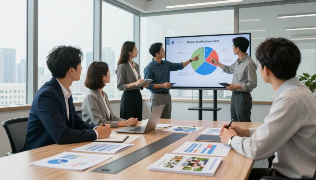 A modern office setting illustrating various passive real estate investment options. In the foreground, a conference table with charts, graphs, and property brochures spread out. In the middle, a diverse group of professionals (two men and two women) in business attire, engaged in discussion, pointing to a large screen displaying a pie chart of investment strategies. The background features a large window with a city skyline view, bathed in soft, natural light. Utilize a wide-angle lens to capture the room’s spacious feel, enhancing a collaborative atmosphere. The overall mood is positive and focused, conveying a sense of strategy and planning in real estate investments. A modern office setting illustrating various passive real estate investment options. In the foreground, a conference table with charts, graphs, and property brochures spread out. In the middle, a diverse group of professionals (two men and two women) in business attire, engaged in discussion, pointing to a large screen displaying a pie chart of investment strategies. The background features a large window with a city skyline view, bathed in soft, natural light. Utilize a wide-angle lens to capture the room’s spacious feel, enhancing a collaborative atmosphere. The overall mood is positive and focused, conveying a sense of strategy and planning in real estate investments.