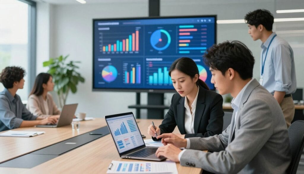 A modern office setting showcasing a diverse group of professionals collaborating on a data-driven content strategy. In the foreground, two individuals—a woman in a sharp business suit and a man in smart casual attire—analyze graphs and charts on a laptop, both focused and engaged. The middle ground features a large digital screen displaying vibrant visuals of analytics and content performance metrics, conveying the essence of data analysis in content marketing. The background includes a sleek conference table, large windows letting in soft natural light, and greenery to add a refreshing atmosphere. The overall mood is dynamic and professional, emphasizing collaboration and innovation in strategic planning. The image should be bright and well-lit, with a slightly angled perspective to create depth.