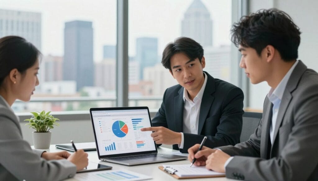 A modern office setting with a clear glass window showing a city skyline in the background, illuminated by soft natural light. In the foreground, a diverse group of three professionals in business attire collaborates around a sleek table covered with digital devices, charts, and financial documents. One person points at a pie chart illustrating tax-saving strategies, while another takes notes. The atmosphere is focused and engaging, evoking a sense of teamwork and financial empowerment. The camera angle is slightly elevated, capturing the lively discussion and expressions of intrigue on their faces, with a soft bokeh effect on the background for depth. The overall mood is optimistic and strategic, perfectly aligned with strategies to minimize cryptocurrency taxes. A modern office setting with a clear glass window showing a city skyline in the background, illuminated by soft natural light. In the foreground, a diverse group of three professionals in business attire collaborates around a sleek table covered with digital devices, charts, and financial documents. One person points at a pie chart illustrating tax-saving strategies, while another takes notes. The atmosphere is focused and engaging, evoking a sense of teamwork and financial empowerment. The camera angle is slightly elevated, capturing the lively discussion and expressions of intrigue on their faces, with a soft bokeh effect on the background for depth. The overall mood is optimistic and strategic, perfectly aligned with strategies to minimize cryptocurrency taxes.