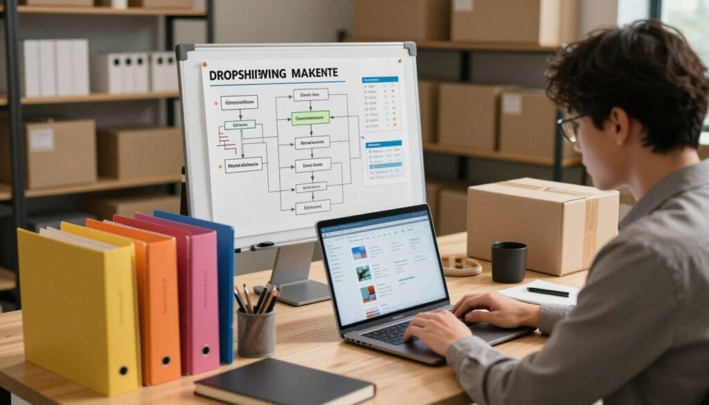 A modern, organized workspace depicting efficient order management for dropshipping. In the foreground, a professional individual in business attire is skillfully managing a digital interface on a sleek laptop, surrounded by product samples and vibrant color-coded folders. In the middle, a wall-mounted whiteboard displays flowcharts and tracking metrics, emphasizing order efficiency and customer service. The background reveals shelves stocked with neatly arranged inventory boxes, symbolizing a streamlined operation. The lighting is soft yet focused, casting a warm and inviting atmosphere that promotes productivity. The camera angle is a slightly elevated perspective, providing a comprehensive view of the workspace dynamics, radiating a sense of professionalism and order. A modern, organized workspace depicting efficient order management for dropshipping. In the foreground, a professional individual in business attire is skillfully managing a digital interface on a sleek laptop, surrounded by product samples and vibrant color-coded folders. In the middle, a wall-mounted whiteboard displays flowcharts and tracking metrics, emphasizing order efficiency and customer service. The background reveals shelves stocked with neatly arranged inventory boxes, symbolizing a streamlined operation. The lighting is soft yet focused, casting a warm and inviting atmosphere that promotes productivity. The camera angle is a slightly elevated perspective, providing a comprehensive view of the workspace dynamics, radiating a sense of professionalism and order.