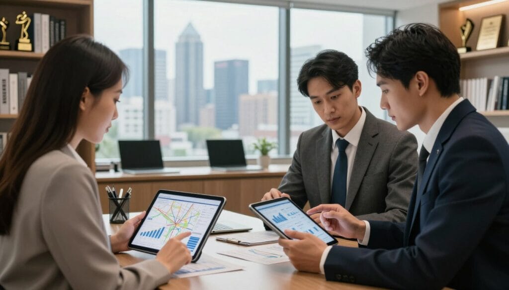 A modern real estate office setting with a professional, engaged team analyzing data on digital tablets. In the foreground, two businesspeople in smart business attire are scrutinizing financial graphs and maps related to investment properties. The middle ground features a large window showcasing a bustling city skyline, symbolizing growth and opportunity. Background elements include shelves filled with real estate books and awards for excellence in investment strategies. Soft, natural lighting filters through the window, creating a warm atmosphere that encourages productivity and collaboration. A subtle color palette enhances the feeling of professionalism and focus on maximizing returns while managing risks. The overall composition conveys a sense of ambition and strategic planning in real estate investment.
