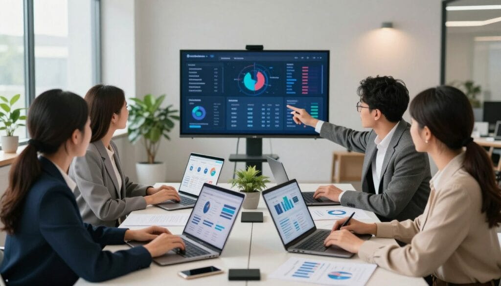 A modern, sleek office environment showcasing the implementation of an omnichannel strategy for e-commerce. In the foreground, a diverse team of three professionals—two women and one man—are gathered around a table filled with laptops, tablets, and charts. The women are in smart business attire, collaborating on digital marketing strategies, while the man highlights data on a large screen behind them. In the middle, various digital devices display different e-commerce platforms, symbolizing seamless integration. The background features a bright, airy office with large windows, plants, and minimalistic decor to create an inviting atmosphere. Soft, natural lighting casts a warm glow, enhancing the collaborative and innovative mood. The camera angle is slightly elevated, capturing the teamwork and technology at play.