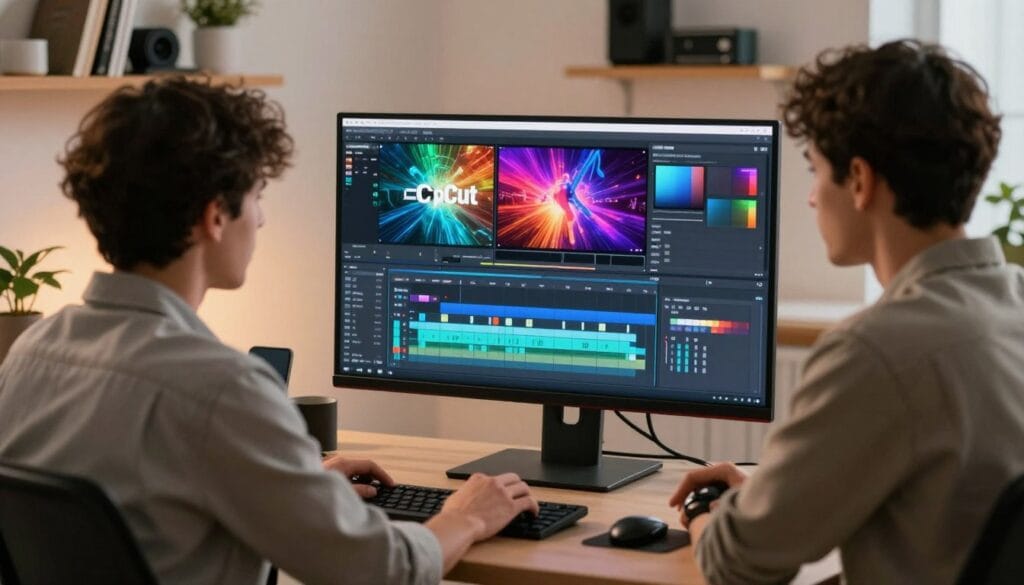 A modern, sleek workspace showcasing advanced motion graphics and video editing using CapCut. In the foreground, a focused professional in modest casual clothing, seated at a stylish desk, intently working on a large monitor displaying vibrant, dynamic video clips with animated graphics and effects. The middle ground features a digital interface with timelines, color correction tools, and motion graphics layers, illuminated by soft, warm lighting. The background subtly includes shelves with books and tech equipment, enhancing the creative atmosphere. The image conveys an innovative, collaborative spirit, infused with a sense of excitement and professionalism, ideal for engaging viral YouTube content creation. The scene is captured with a shallow depth of field, emphasizing the editor's concentration and the vivid screen details. A modern, sleek workspace showcasing advanced motion graphics and video editing using CapCut. In the foreground, a focused professional in modest casual clothing, seated at a stylish desk, intently working on a large monitor displaying vibrant, dynamic video clips with animated graphics and effects. The middle ground features a digital interface with timelines, color correction tools, and motion graphics layers, illuminated by soft, warm lighting. The background subtly includes shelves with books and tech equipment, enhancing the creative atmosphere. The image conveys an innovative, collaborative spirit, infused with a sense of excitement and professionalism, ideal for engaging viral YouTube content creation. The scene is captured with a shallow depth of field, emphasizing the editor's concentration and the vivid screen details.