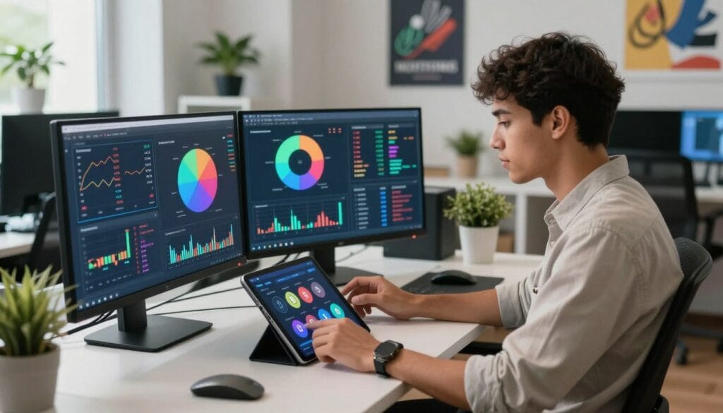 A modern, stylish workspace featuring a diverse young adult wearing smart casual attire, seated at a sleek desk with multiple monitors displaying various cryptocurrency tokens and charts. The foreground displays their focused expression as they use a tablet to select specific crypto tokens from a vibrant digital interface. In the middle, a large screen showcases a colorful dashboard graphic with pie charts and performance metrics of crypto assets. The background reveals a well-organized office with potted plants and motivational posters. Soft, diffused lighting enhances the thoughtful atmosphere, while a slight tilt-angle from the desktop perspective adds depth. The overall mood conveys empowerment and a sense of technological innovation in personal finance. A modern, stylish workspace featuring a diverse young adult wearing smart casual attire, seated at a sleek desk with multiple monitors displaying various cryptocurrency tokens and charts. The foreground displays their focused expression as they use a tablet to select specific crypto tokens from a vibrant digital interface. In the middle, a large screen showcases a colorful dashboard graphic with pie charts and performance metrics of crypto assets. The background reveals a well-organized office with potted plants and motivational posters. Soft, diffused lighting enhances the thoughtful atmosphere, while a slight tilt-angle from the desktop perspective adds depth. The overall mood conveys empowerment and a sense of technological innovation in personal finance.