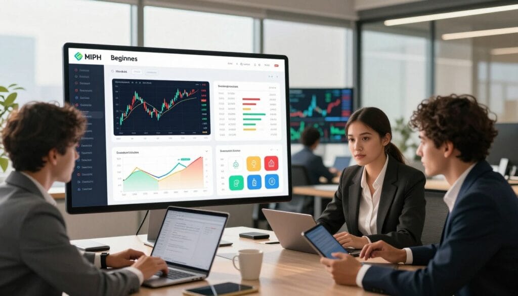 A modern trading platform interface designed for beginners, featuring a sleek, user-friendly dashboard with candlestick charts, stock tickers, and colorful graphs. In the foreground, a diverse group of professional individuals in business attire, studying the platform on laptops and tablets, showcasing collaboration and learning. The middle ground includes displays of trading metrics and educational icons, symbolizing accessible resources for new traders. The background is a stylish, contemporary office setting with large windows letting in warm, natural light that enhances the inviting atmosphere. Soft shadows and a balanced composition create a motivational and optimistic mood, reflecting the excitement of embarking on a trading journey.