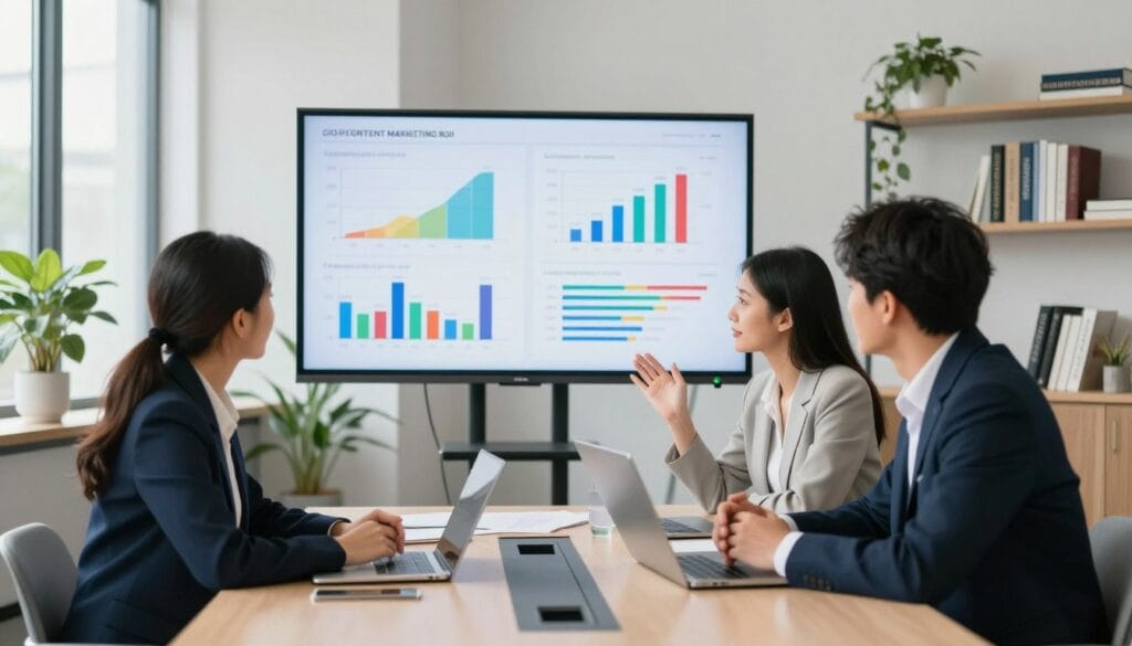 A modern, vibrant office scene showcasing advanced strategies to enhance content marketing ROI. In the foreground, a diverse group of three professionals, two women and one man, are engaged in a discussion around a sleek conference table, all dressed in smart business attire. The middle ground features a large digital screen displaying colorful graphs and analytics that illustrate content marketing metrics. The background features a bright, contemporary office with large windows allowing natural light to flood in, plants adding a touch of greenery, and shelves filled with marketing books. The mood is productive and energetic, with a soft focus effect adding depth to the image, captured from a slightly elevated angle to give an overview of the dynamic interaction.