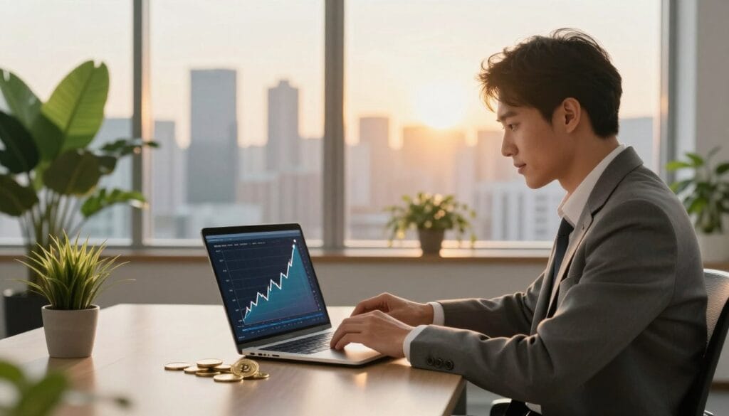 A modern, visually striking representation of cryptocurrency staking benefits, featuring a serene office environment. In the foreground, a confident professional in business attire is examining cryptocurrency graphs on a sleek laptop, showcasing upward trends. In the middle ground, calming greenery and a minimalist desk accessorized with cryptocurrency coins symbolize growth and stability. In the background, large windows reveal a city skyline bathed in warm, golden sunlight, suggesting prosperity and hope. The lighting is soft, creating a welcoming and motivating atmosphere. The overall mood is one of opportunity and financial empowerment, effectively illustrating the concept of earning passive income through cryptocurrency staking. A modern, visually striking representation of cryptocurrency staking benefits, featuring a serene office environment. In the foreground, a confident professional in business attire is examining cryptocurrency graphs on a sleek laptop, showcasing upward trends. In the middle ground, calming greenery and a minimalist desk accessorized with cryptocurrency coins symbolize growth and stability. In the background, large windows reveal a city skyline bathed in warm, golden sunlight, suggesting prosperity and hope. The lighting is soft, creating a welcoming and motivating atmosphere. The overall mood is one of opportunity and financial empowerment, effectively illustrating the concept of earning passive income through cryptocurrency staking.