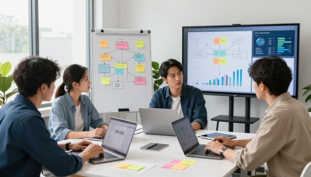 A modern workspace depicting the digital marketing process. In the foreground, a diverse group of three professionals—two men and one woman—are engaged in a brainstorming session, surrounded by laptops, digital devices, and colorful sticky notes. They are dressed in smart casual attire, exuding collaboration and focus. In the middle, a whiteboard displays flowcharts and marketing strategies, while a large screen in the background shows analytics graphs and social media metrics. Natural light pours in through a window, creating a bright and invigorating atmosphere. The setting is sleek and contemporary, with plants and minimalist decor, conveying an innovative vibe that inspires creativity and productivity. A modern workspace depicting the digital marketing process. In the foreground, a diverse group of three professionals—two men and one woman—are engaged in a brainstorming session, surrounded by laptops, digital devices, and colorful sticky notes. They are dressed in smart casual attire, exuding collaboration and focus. In the middle, a whiteboard displays flowcharts and marketing strategies, while a large screen in the background shows analytics graphs and social media metrics. Natural light pours in through a window, creating a bright and invigorating atmosphere. The setting is sleek and contemporary, with plants and minimalist decor, conveying an innovative vibe that inspires creativity and productivity.
