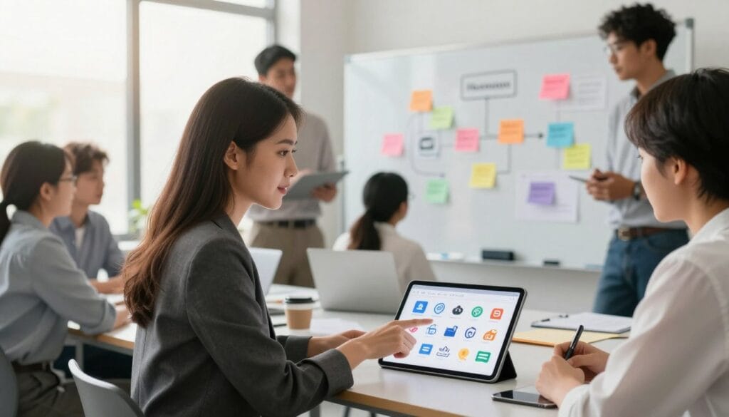 A modern workspace featuring a diverse group of professionals engaged in a brainstorming session about e-commerce branding. In the foreground, a confident woman in business attire points to a digital tablet displaying various social media icons and e-commerce platform logos. The middle ground includes a large whiteboard filled with colorful diagrams and notes, illustrating platform strategies. In the background, bright natural light pours in through large windows, casting a warm glow on the scene. The atmosphere is collaborative and energetic, with a sense of focus and creativity. Use a soft-focus effect on the background to emphasize the energetic discussion upfront, creating a visually engaging composition that captures the essence of growing an e-commerce personal brand on the right platforms.