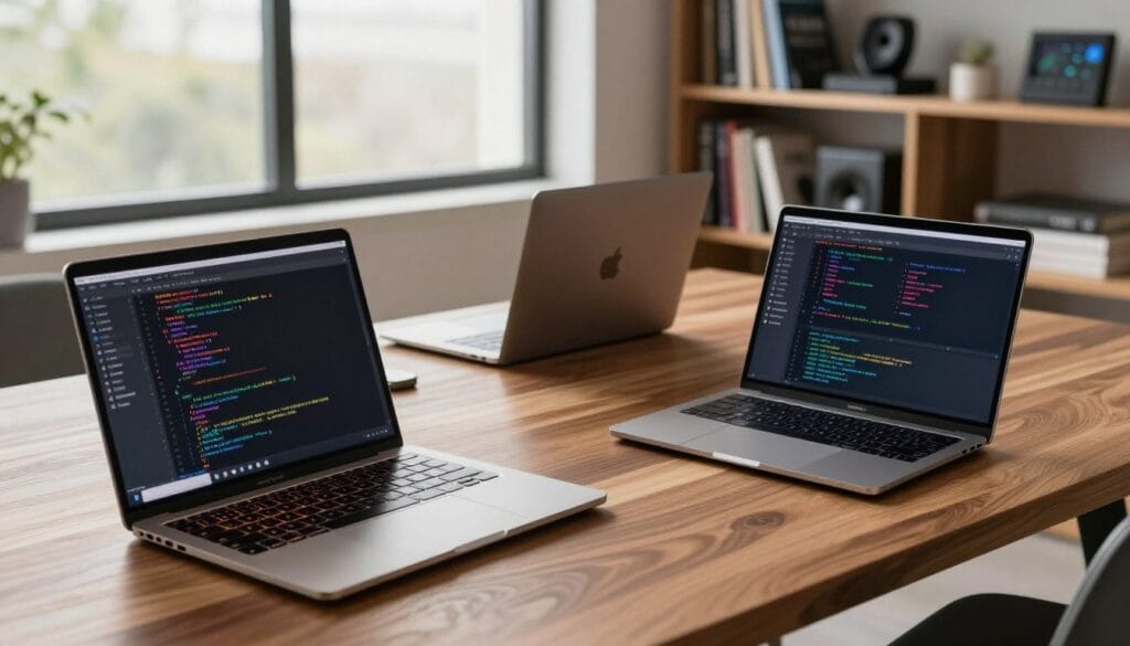 A modern workspace featuring three sleek laptops designed for programming in 2026, placed on a stylish wooden desk. The foreground showcases a laptop displaying vibrant code on its screen, with a high-resolution keyboard illuminated softly by warm LED lighting. In the middle ground, another laptop is slightly angled, revealing a minimalist design and a high-quality display. In the background, a well-organized bookshelf filled with programming books and tech gadgets adds depth. The scene is lit with natural light streaming through a large window, creating an inspiring atmosphere. The mood is focused and professional, perfect for a programming environment. The angle captures a wide shot that highlights the laptops and the workspace without any text or distractions.